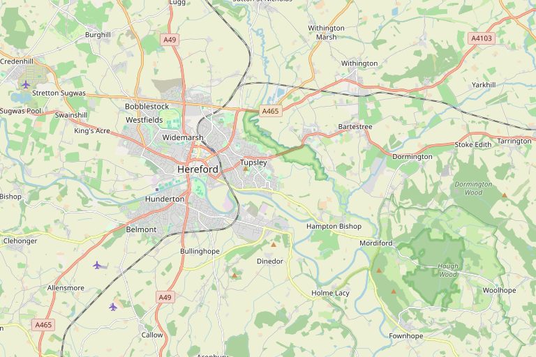 Map of Hereford and the surrounding area